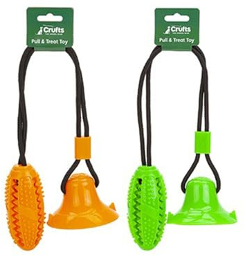 Assorted Color Crufts Pull & Treat Toy (1 Pc.) - Green & Orange Suction Fun for Dog, Perfect For Filled with Treats for Happy Pets