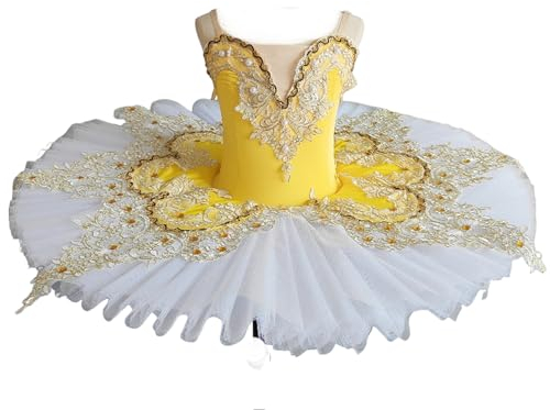 EFLALYHG Ballett-Tutu für Mädchen, ärmellos, Gymnastikanzug, Tutu-Kleid, Performance-Tanz-Performance, Tanzparty, Weihnachtskostüm,Gelb,140