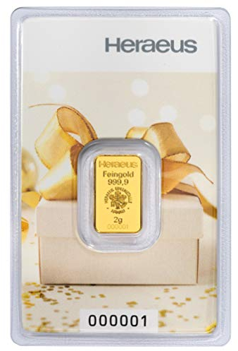 Gold zum Verschenken – Goldbarren 2g Heraeus - Geschenkmotiv - inkl. Geschenkverpackung, Grußkarte und Echtheitsgarantie