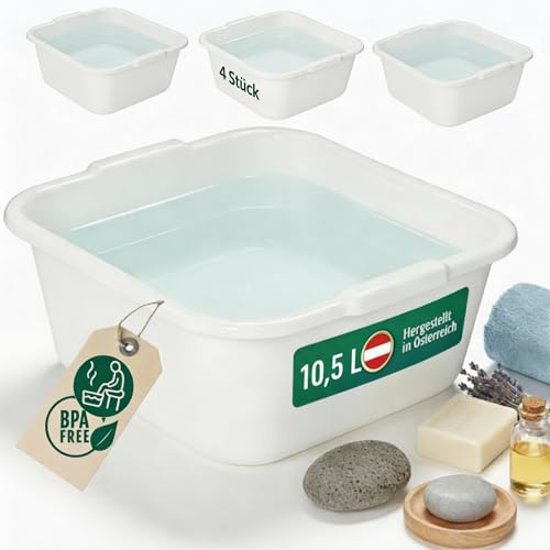 Novaliv 4x Spülschüssel eckig 10,5L, 34x34 cm, Weiß, BPA-frei Spülmaschinenfest Ideal für Küche und Camping, Wanne, Große Plastikschüssel, Waschschüssel eckig, Waschwanne, Abwaschschüssel