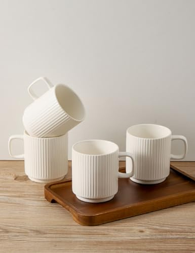 Seyatoo Ceramic Coffee Mugs Set of 4, Ribbed Tea Coffee Cups Set with Handle, Large Porcelain Mug for Americano, Latte, Cappuccino, Hot Chocolate, White