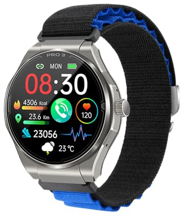 Knauermann PRO 3 (2024) Silber - Gesundheitsuhr Smartwatch mit Telefoniefunktion - EKG + HRV und SOS Funktion - AMOLED Display- BT Bluetooth - Schlafapnoe - Textilband Schwarz/Blau, 14-24, rund
