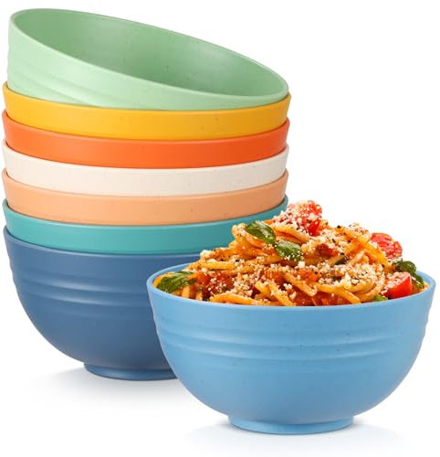 Osrioal Set of 8 Unbreakable Cereal Bowls, Lightweight Plastic Bowls, Reusable Camping Bowl for Breakfast, Rice, Noodle, Salad, Fruit, Soup, Snack, Dishwasher & Microwave Safe