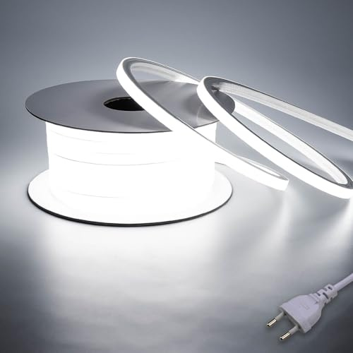 BENLUN Tira LED Neon 220V Exterior Impermeable 10 Metros sin Transformador | 6000K Blanco Frio Luces LED Neón 220V Directo Corriente IP65 100W Flexible Cortable para Habitacion, Patio, Jardín