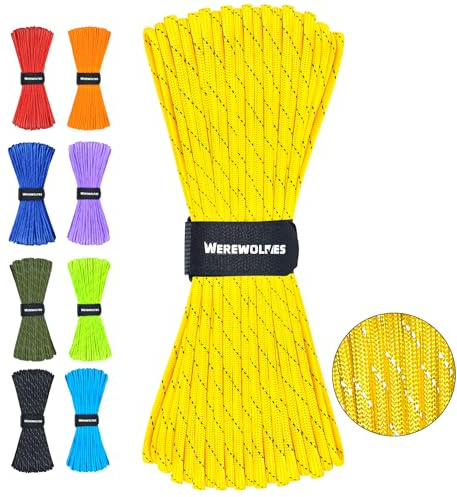 WEREWOLVES Reflective Paracord Rope 100FT, 7 Strand Type III Parachute Cord 4mm Thin Tent Rope for Outdoor Camping Hiking (Yellow, 100FT) | 550 paracord 100FT Reflective Paracord for Tent Camping Hiking Fishing Survival Tactical Clothesline