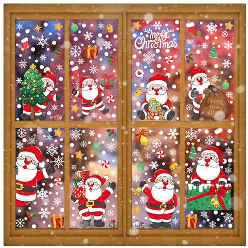Liwien Fensterbilder Weihnachten, 8 Blatt 302pcs Aufnehmbare Fensteraufkleber, PVC Static Selbstklebend Weihnachtsfensterbilder Doppelseitig, Fensterbilder von Weihnachtsmann für Weihnachten