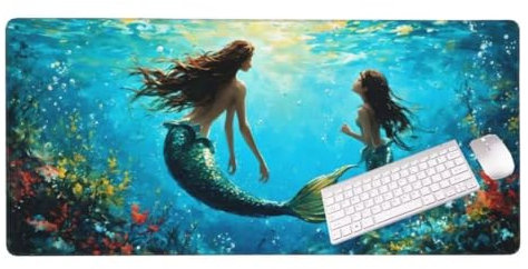 Gaming Mouse Pad, Large Mouse Mat 90x50x0.3 cm, Underwater Mermaid Desk Mat XXL Mousepad, Stitched Edges, Non- Slip Rubber Base, Iimproved Precision and Speed Keyboard Pad for Office Gamers S-4519
