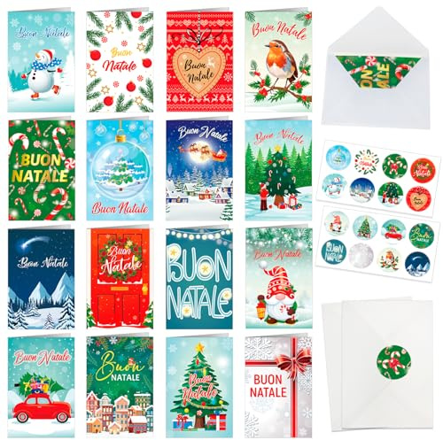 DPKOW 16 Biglietti Auguri Natale Italiano, Biglietti Natale con Buste Adesive, Cartoline Natalizio, Biglietti di Buon Natale, Christmas Cards, Regalo Biglietti Natale per Portafogli e Buoni Regalo