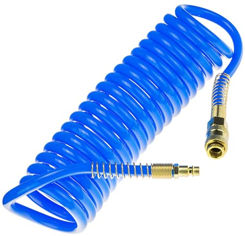 STIX PU Druckluft Spiralschlauch 8/12 mm 5 m mit Schnellkupplung 10 bar | PU Schlauch, Knickschutz, Max. 10 bar, Für Druckluftwerkzeuge