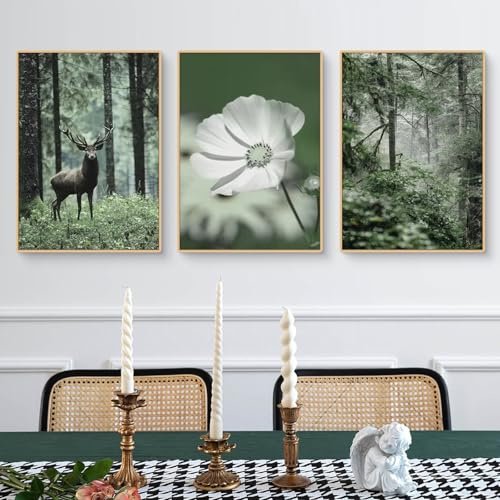 3er Poster Set Grün, Natur Frühling Nordic Moderne Premium Leinwand Bild Poster & Kunstdrucke, Frisches Grün Wald Pflanze Elch Blume Ohne Rahmen Aesthetic Wandbilder (#01, 30x40 cm, Ungerahmt)