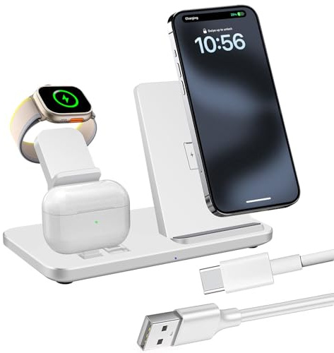 Station de Charge Chargeur à Induction 3 en 1 Chargeur sans Fil Compatible avec iPhone 8-17 Série, Apple Watch 11/Ultra 3/10/Ultra 2/9/Ultra/8/7/6/SE/5/4/3/2, AirPod/Galaxy Buds/Pixel Buds