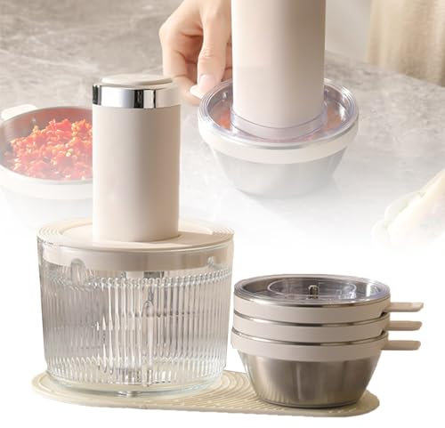 PPLDABNK Picadora de Carne y Alimentos eléctrica de 250 W – Juego de 4 Cuencos y 2 Cuchillas con Cuenco de Vidrio Reforzado de 1 L – Batidora multifunción silenciosa para Comida de bebé, Carne,White