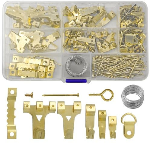 Hevysuo 220 Pezzi Kit per appendere quadri,Ganci per Immagini in Metallo per Quadri con Anelli a D,Gancio a Dente di Sega e Viti per Fissaggio Cornici Specchi Opere D'Arte,Oro