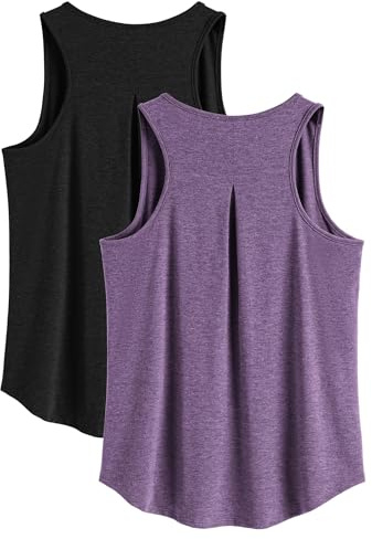 PINSPARK Pack de 2 camisetas deportivas sin mangas para mujer, de secado rápido, sin mangas, con espalda cruzada, transpirables, para correr, gimnasio, etc, negro/lila, M