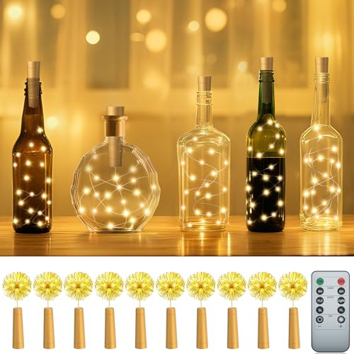 PChero Weinflaschen-Lichter mit Korken & Fern-Timer, 10 Stück, 20 LEDs, 2 m | Lichterkette Batteriebetrieben für DIY Party Hochzeit Weihnachten Festival Bar Dekoration Warmweiß
