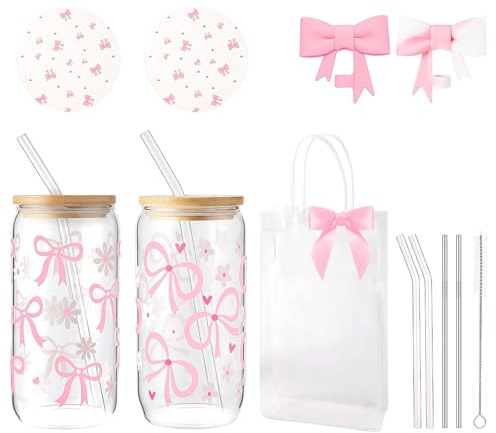 AuraFusion Aesthetic Glass Cups – 2er Set 16 oz Vasos de Vidrio con Lazo de Mariposa y diseño Floral, Conjunto de Regalo Femenino Rosa con Tapa y Pajita