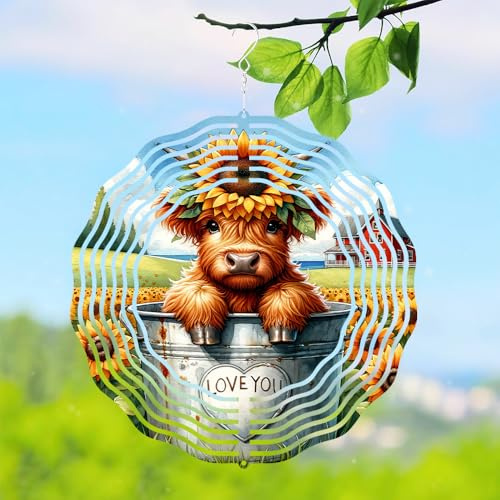 Sunflower Cow Wind Spinners 3D Hanging Spinner Ornament Decoration,10Inch Metal Wind Kinetic Sculpture for Outdoor Indoor Garden Yard Ornament Decorations (Yellow-Cow)