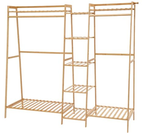 Shalmidor Kleiderständer Bambus Garderobenständer, Offener Kleiderständer, Schlafzimmer Garderobe, Bodenstehender Kleiderständer, 9 Ablagen, 2 Kleiderstangen, 160x40x140 cm (Originalfarbe)