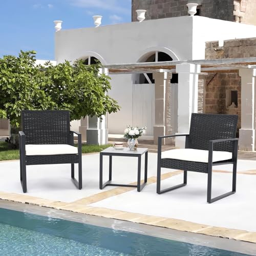 XEO HOME Outdoor 3-Pieces Rattan Bistro Set Wicker Garden Furniture Conversation Set, Coffee Table with Glass Top and 2 Chairs and Washable Removeable Cushions for Balcony Backyard Pool side (Black)