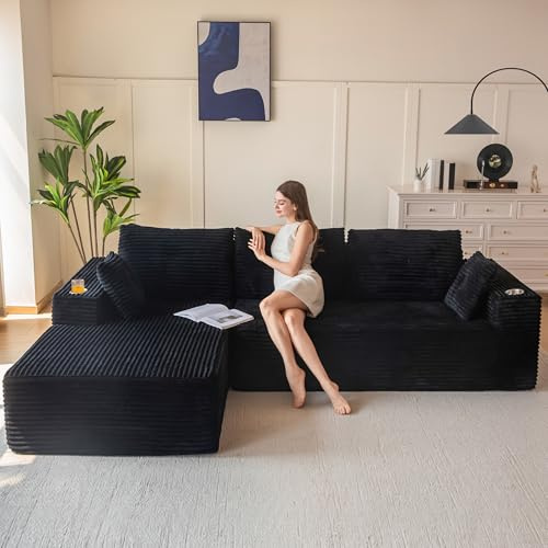MAXYOYO Modulares Sofa und Chaiselongue, Cloud Boneless Couch, 3-4-Sitzer-Ecksofa Links/Rechts Verstellbar, Cordbezug, Übergroßes L-förmiges Schlafsofa für das Wohnzimmer, Keine Montage Erforderlich