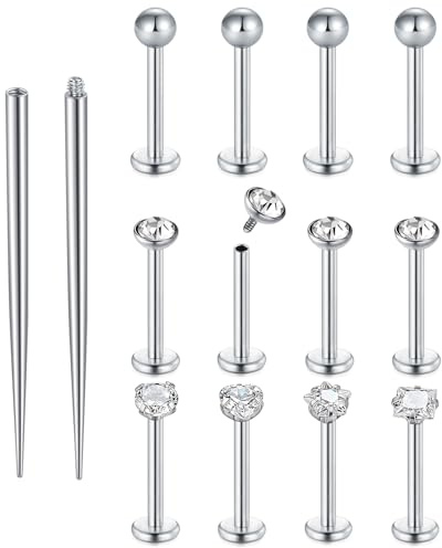 Funseedrr 12 Stücke Lippenstecker & Labretstangen mit Piercing-Taper, Edelstahl & Zirkon 16G 6/8/10 mm Silber/Gold/Schwarz für Helix Tragus Labret Ohr Stecker Lippe Nase Piercing-Schmuck