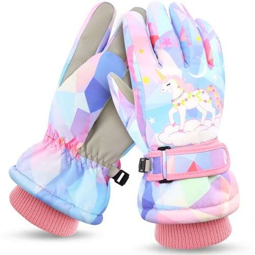 Qyeimpr Kids Winter Snow Gloves, Girls Waterproof Ski Insulated Gloves with Thick Fleece Lining & Grips, Touchscreen-Compatible, Windproof Warm for Snowboarding, Sledding & Cold Weather (BB)
