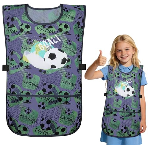 DiULi Malschürze Kinder, Wasserdicht Schürze Kinder mit 2 Tasche, Malkittel Bastelschürze Kinderschürze für Mädchen Jungen, Fußball