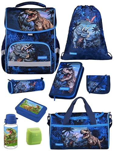 Familando - Basic-Plus Schulranzen Set - 9-teilig mit Sporttasche - T-REX Dino - Ergonomisch, stabil & 850g leicht - 15L Volumen - Brustgurt & Reflektoren - Für Grundschule ab 1. Klasse