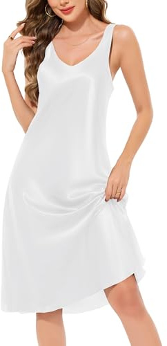 Sopesil Dam Nattlinne Satin V-hals Elegant Underklänning Sexig Morgonrock Sommar Ärmlös Pyjamas Mjuk Satin Pyjamas Medellång Smekmånad S-XXL, Vit, M