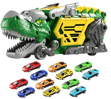 Dinosaurie leksakslastbilar, minibilset, bärbar skenhållare, dubbel ramp förvaringsdesign, för barn, flickor, födelsedagar, nyår, festival, överraskningserbjudande, 14,17 x 5,12 x