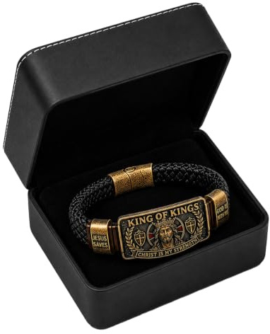 King of Kings Faith Bracelet Adjustable Christian Wristband Gift, Christian Leather Bracelet with Jesus, for Men of Faith, Religious Gift for Men, Dad, Husband, Pastor, Dad