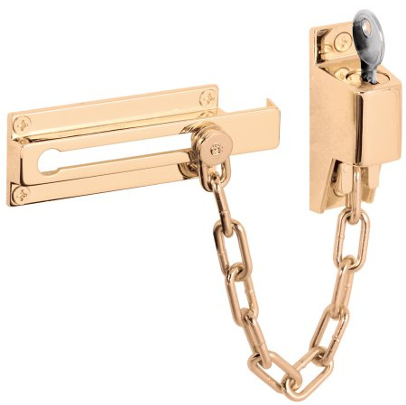 Prime-Line U 9912 Keyed Chain Door Guard, 3-1/4 In., Steel and Diecast Construction, Brite Brass-Plated Finish (Single Pack)
