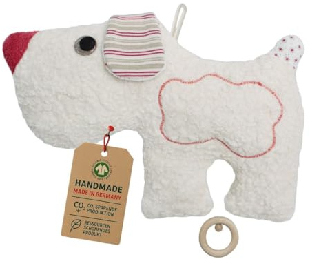 Efie Bio-Spieluhr Hund – 100% Baumwolle (KBA), Füllung aus Schurwolle (kbT) – GOTS-Zertifiziert - nachhaltiges Babyspielzeug - Melodie: Guter Mond du gehst so Stille