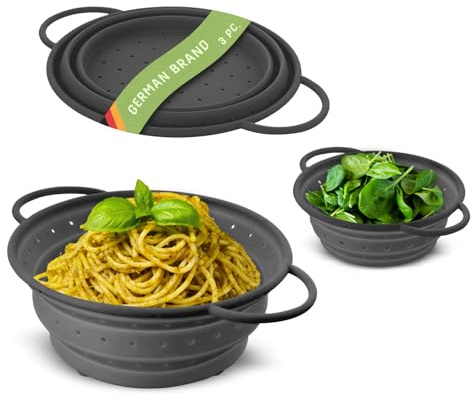 Coolinato – Set di 3 colini silicone pieghevoli 16/20 / 24 cm grigio – Scolapasta da cucina lavabile in lavastoviglie, privo di BPA e resistente al calore - Setaccio salvaspazio richiudibile