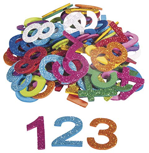 Rayher 30228000 Moosgummi Zahlen Glitter, 3 cm, 100 Stück, selbstklebend, Farben gemischt, Glitter Schaumstoff Sticker, Moosgummi-Aufkleber 0-9, zum Dekorieren, Bunt