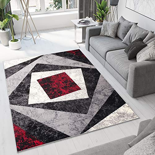 TAPISO Dream Teppich Modern Wohnzimmer Kurzflor Grau Schwarz Creme Rot Vierecke Geometrisch Meliert Schlafzimmer Esszimmer ÖKOTEX 120 x 170 cm