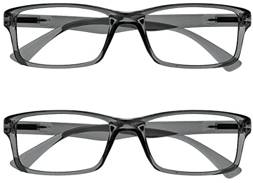 OPULIZE PEP Classic Reading Glasses for Women Men, Scratch Resistant Rectangular Frame with Spring Hinges, Grey +1.5 (Pack of 2)