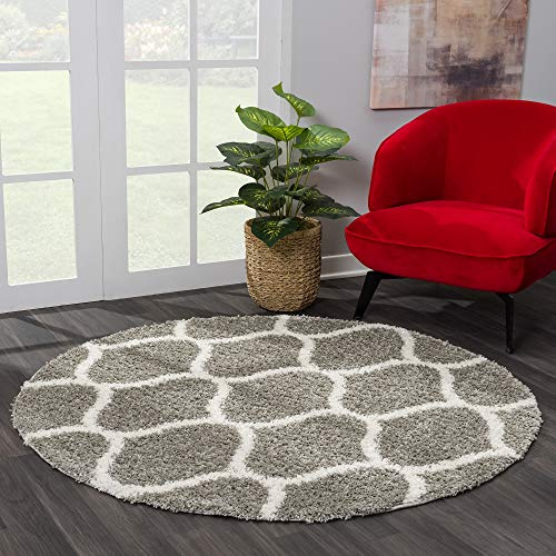 SANAT Madrid Shaggy Teppich Rund - Hochflor Teppiche für Wohnzimmer, Schlafzimmer, Küche - Morocco Grau, Größe: 200 cm
