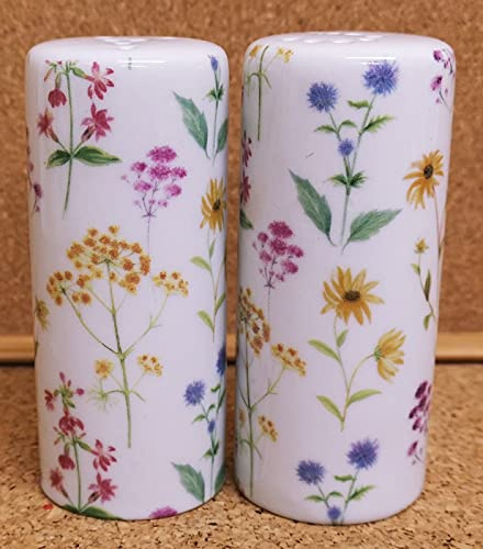 Juego de salero y pimentero de flores de prado redondo de cerámica brillante floral porcelana salero y pimentero decorado a mano Reino Unido
