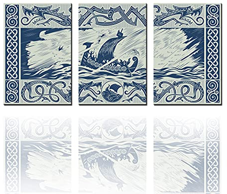 Tucocoo 3-teiliges Wikingerdekor, Leinwandbild, Wikingerschiff, Drakkar mit Drachenkopf, isoliert auf Weiß, für Schlafzimmer und Wohnzimmer, Kunstwerk für Zuhause, fertig zum Aufhängen, 122 x 61 cm