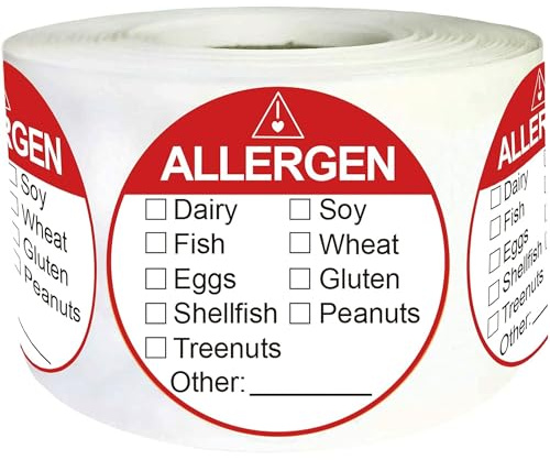Etiquetas adhesivas de advertencia de alergia a alérgenos de 5 cm, rojo fluorescente, etiquetas adhesivas para alergias de alimentos, etiquetas de rotación de alimentos, etiqueta de puntos circulares