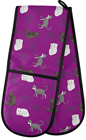 Moyyo Oven Glove Cat Purple Double Oven Glove Heat Resistant Kitchen Oven Mitt with Soft Quilted Cotton Lining Filling Pot Holders for Basking Cooking Pizza Microwave