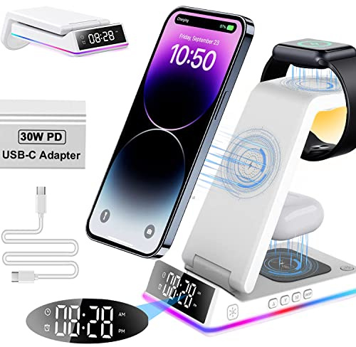 Blsyetec Wireless Charger 5 in 1, [30W PD Adapter] Induktive Ladestation mit Uhr und Nachtlicht, Qi 15W Faltbar Kabelloses Ladegerät für Apple Watch(Nur) und iPhone 15/14/13/12 Serie, Galaxy, AirPod