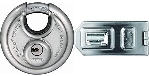 ABUS Diskus Vorhängeschloss 25/70 - inkl. 5 Schlüssel - Silber & Diskus Überfalle 140/120 - Vorrichtung für Vorhängeschlösser - für einschlagende Türen - 05315 - ABUS-Sicherheitslevel 8 - Silberfarben