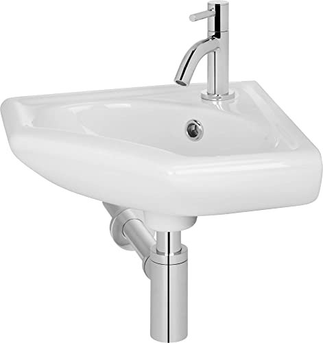 Saqu 1-Pack EckWaschbecken komplett Weiß - Waschbecken für Unterschrank, Waschtisch für Gäste WC