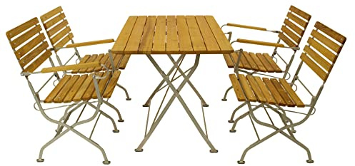 DEGAMO Garten Sitzgruppe Klappgarnitur Passau 5-teilig (2X Stuhl, 2X Armlehnensessel, 1x Tisch 70x110cm), Gestell Flachstahl verzinkt und transparent pulverbeschichtet, Belattung Robinie