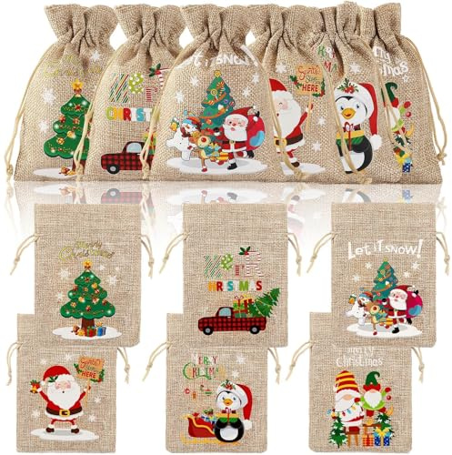 JUNEBRUSHS 20 Stück Weihnachten Geschenksäckchen - Baumwollsäckchen zum Befüllen, Kleine Stoffbeutel, Adventskalender Säckchen, Leinenbeutel für Feiertage Partygeschenke