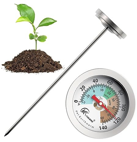 Moxeupon Termómetro de suelo de acero inoxidable para compost, 20 cm, para jardín, compostaje, termómetro de compostaje, termómetro de temperatura para plantas en macetas, césped