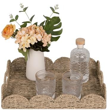 StorageWorks Rattan Tablett, Körbe Aufbewahrung geflochten aus Seegras, 40 נ29 נ7 cm, Serviertablett rechteckig, Rattan-Tablett mit Doppelgriff für Geschenke