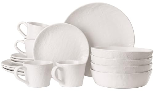 Navaris Linen Artisan Stoneware Dinner Sets for 4 People (16 Pieces) - Dishwasher and Microwave Safe Plates and Bowls Set - Dinner Plates, Dessert Plates, and Mugs Dinnerware Set - Linen White